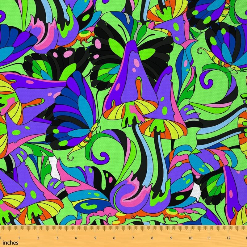 Mushroom Fabric by The Yard, Mandala Butterfly Upholstery, Wild Plant Decor, Floral Leaves Indoor/Outdoor, Trippy Botanical DIY Art Waterproof, Purple Green, 10 Yards