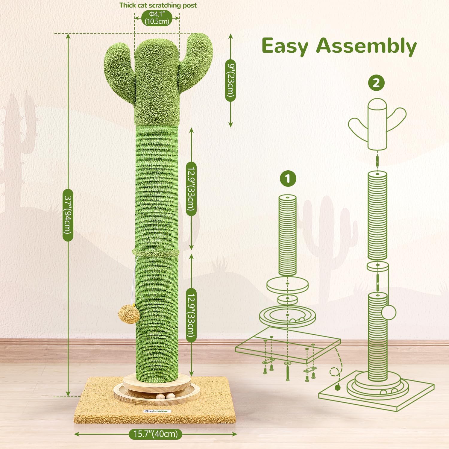 81TXcYSE9-L._AC_SL1500_.jpg SC37 Extra Thick Scratching Posts for Indoor Large Cats Adults, 37inch Cactus Cat Scratching Post Cat Scratcher Cute Sisal Scratching Post with Modern Wooden Ball Tracking Interactive Toys - Image 6
