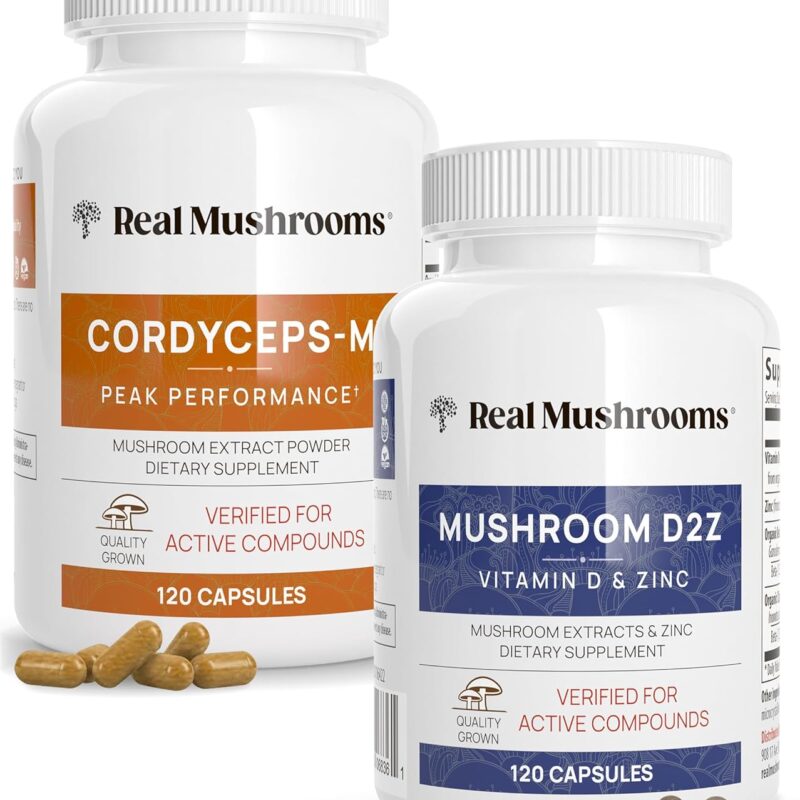 Real Mushrooms Vitamin D2, Zinc, Chaga, Reishi (120ct) and Cordyceps-M (120ct) Bundle - Natural Immune Support, Energy, and Vitality - Vegan, Gluten Free, Non-GMO, Organic Mushroom Extracts