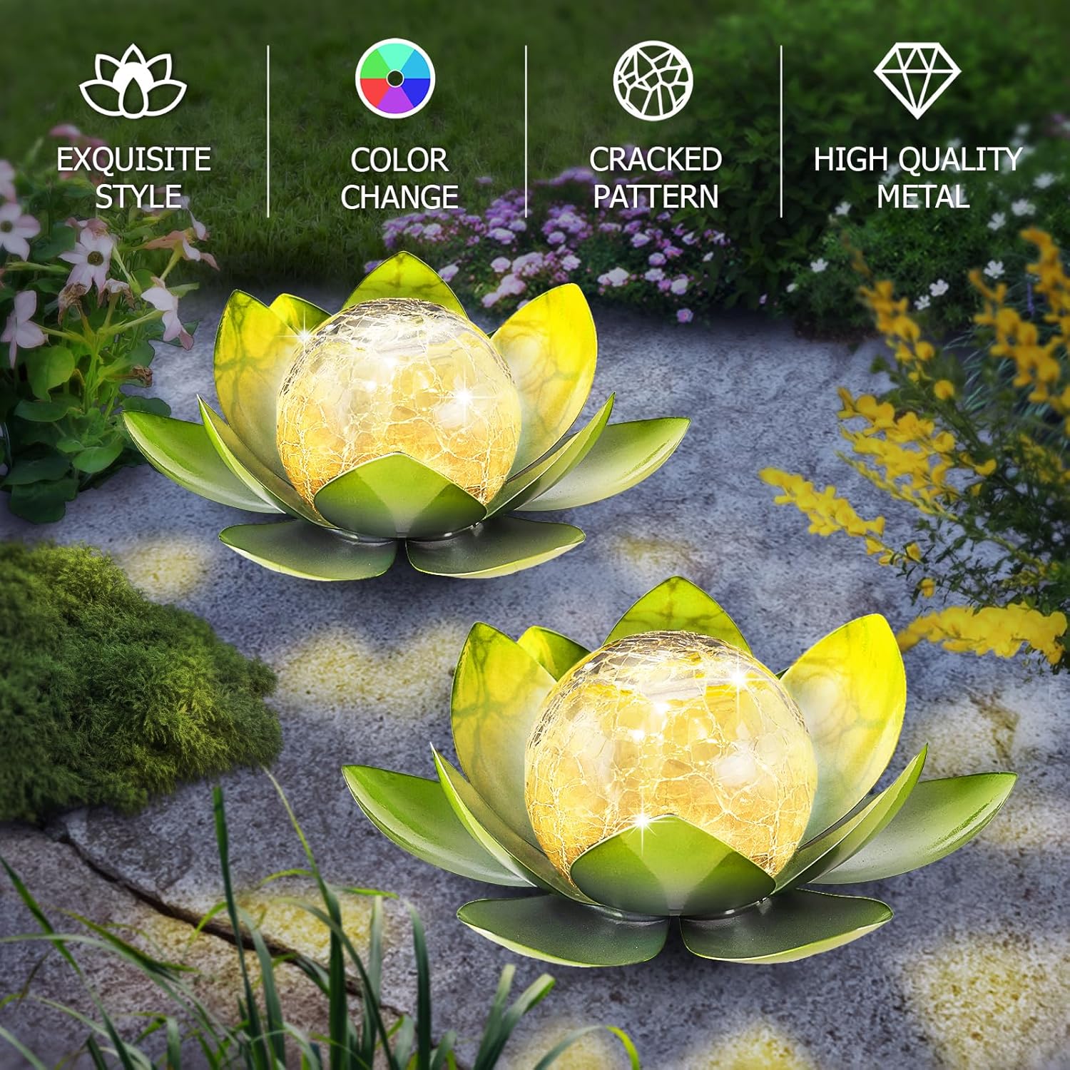 81TyqN6vebL._AC_SL1500_.jpg Garden Solar Light Outdoor(2Pack),Crackle Globe Glass Lotus Decoration, Waterproof Metal LED Flower Lights for Patio,Lawn,Walkway,Tabletop,Ground - Image 3