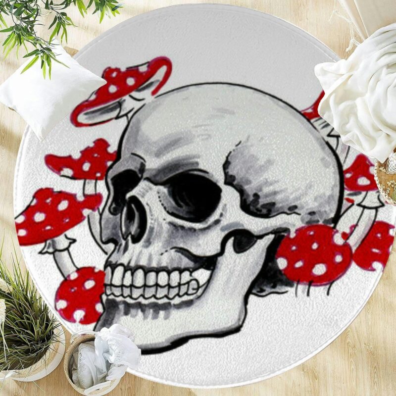 Large Round Washable Area Rugs 5ft Human Skull and Fly Agaric Mushrooms Ink and Watercolor Drawing Rugs for Bedroom Living Room Dining Room Table Kitchen Bathroom Entryway Circular Carpet