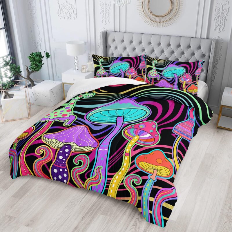 Colorful Mushroom Comforter Set Twin Size Kids 3D Mushroom Bedding Set Cute Theme Quilt Bed Set for Boys Girls Adults with 1 Comforter and 2 Pillowcases
