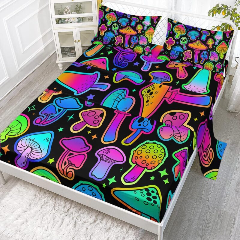 Axolotl Mushroom Queen Bedding Set, 4 Pcs Colorful Soft Gradient Mushroom Bedding with 1 Fitted Sheet 1 Flat Sheet 2 Pillowcases, Cute Kids Bedding for Boys Girls Teens Adults, Black Neon