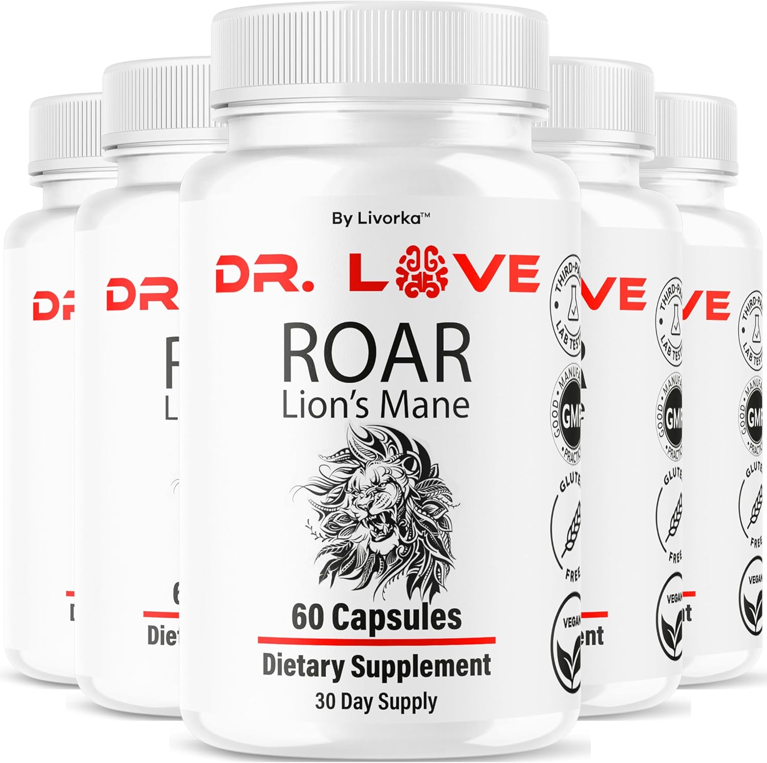 81XygA8X1XL._AC_SL1500_.jpg (5 Pack) Dr. Love Roar Lion’s Mane Supplement Support Capsules, Dr. Love Roar Lion’s Mane Plus Brain and Focus Premium Advanced Formula, Doctor Love All Natural Pills, 300 Capsules for 5 Months