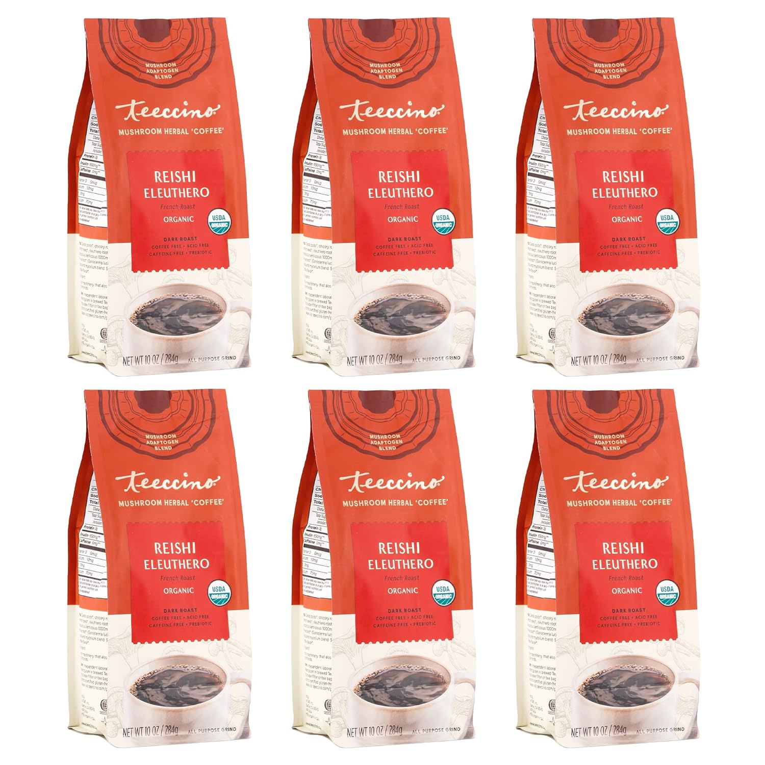 81YPsryjgVL._SL1500_.jpg Teeccino Reishi Eleuthero Coffee Alternative - French Roast - Organic Adaptogenic Herbal Mushroom Coffee, Dark Roast, Caffeine Free, Prebiotic, Acid Free, All-Purpose Grind - 10 Oz (Pack of 6)