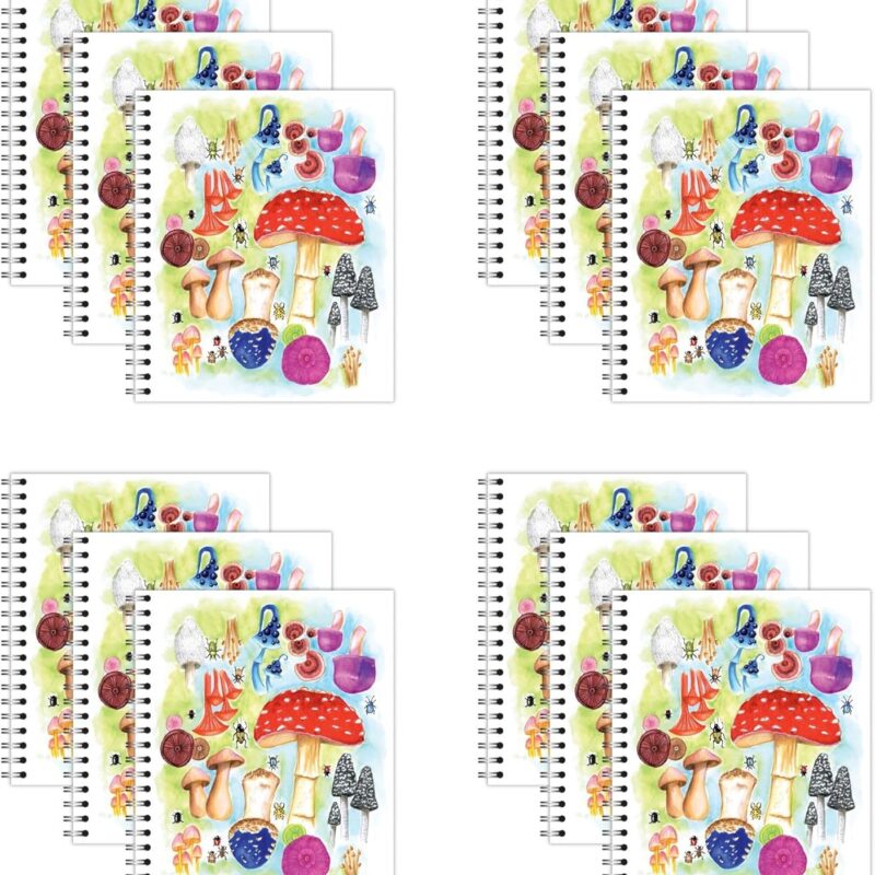 New Leaf Paper Large Spiral Bound Designer Notebooks, Bulk Pack of 12, Mushrooms Design, 11" x 9" 70 Sheets, 100% Recycled College Ruled Pages, Vegan, Made in USA