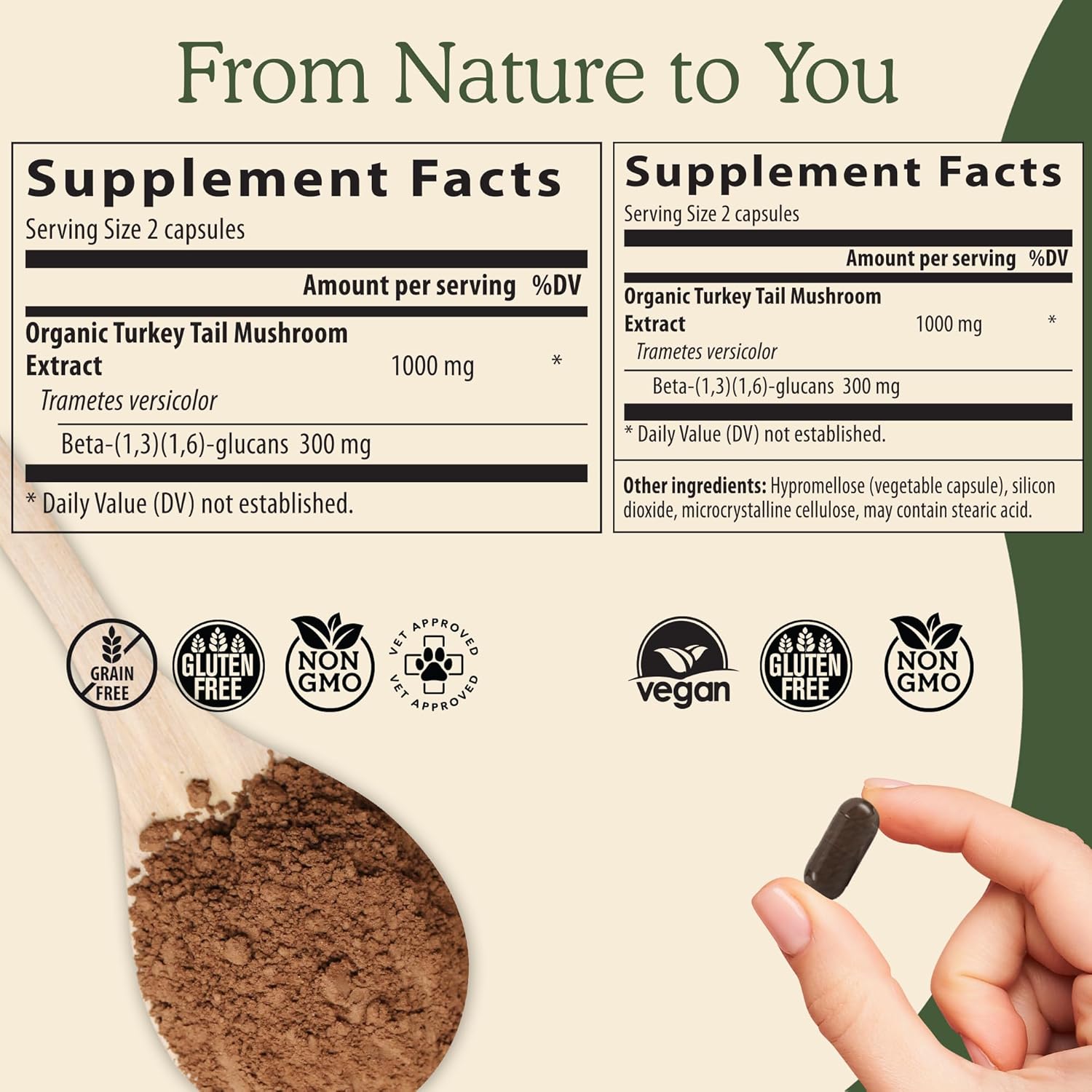 81YZftXkwQL._AC_SL1500_.jpg Real Mushrooms Turkey Tail Powder for Humans (45 Servings) & Turkey Tail for Pets (90ct) - Powder & Capsules Bundle for Immune Support - Vegan, Non-GMO, Grain-Free, Gluten-Free - Image 3