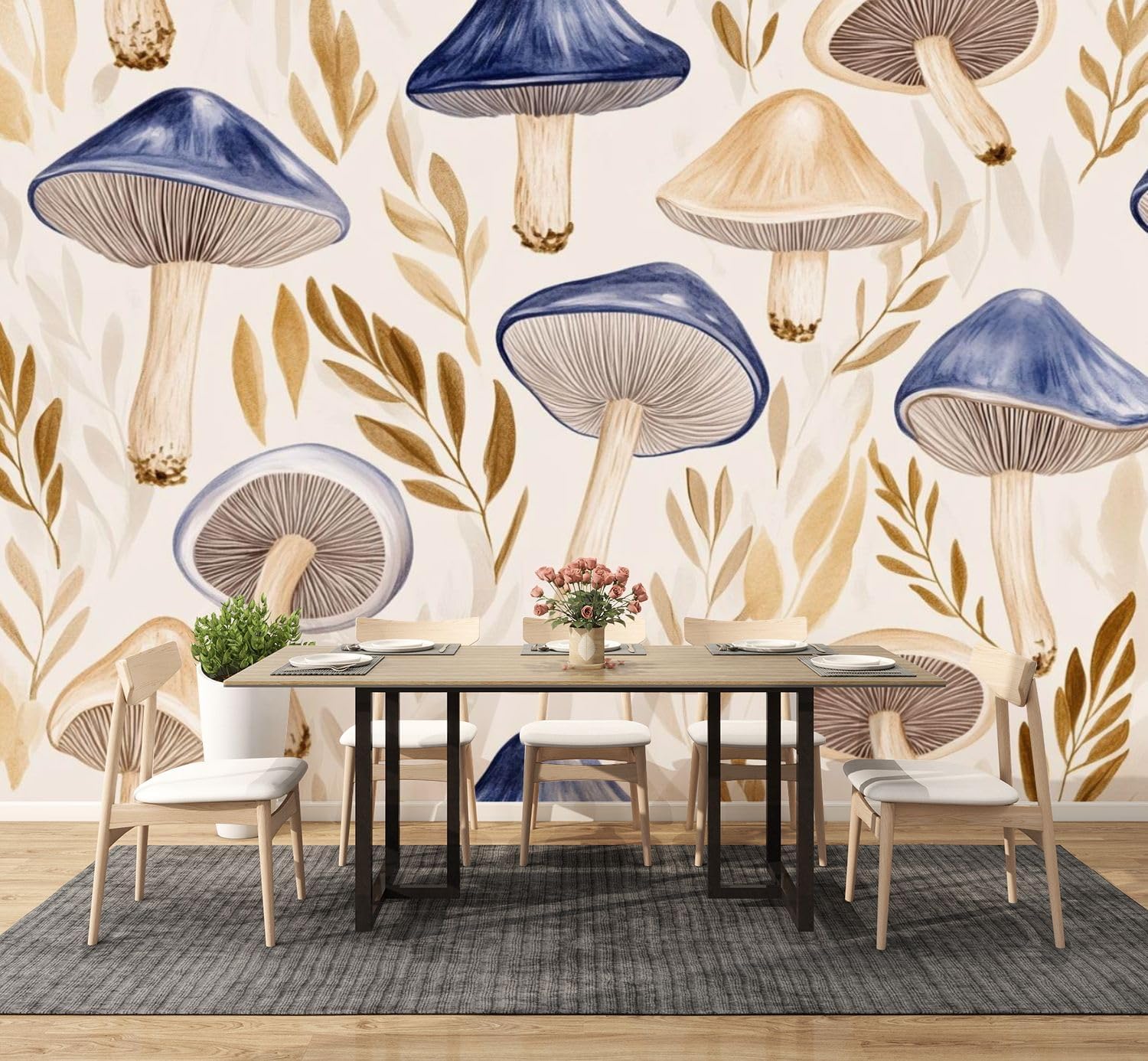 81ZoUIJ0n9L._AC_SL1500_.jpg Modern Peel and Stick Wall Mural Wallpaper Beige Blue Mushroom Vintage Mushrooms Leaves Caps Brown Stems Self Adhesive Removable Wall Stickers for Living Room Bedroom TV Background 100"x144" - Image 3