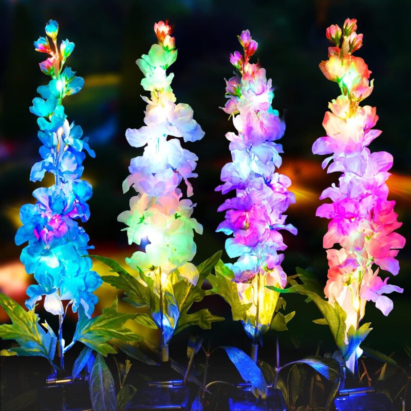 TONULAX Solar Garden Lights, 4 Pack Multicolor Floral Delphinium Flowers with 32 LEDs, Two Lighting Modes & Upgraded Solar Panel for Outdoor Decoration