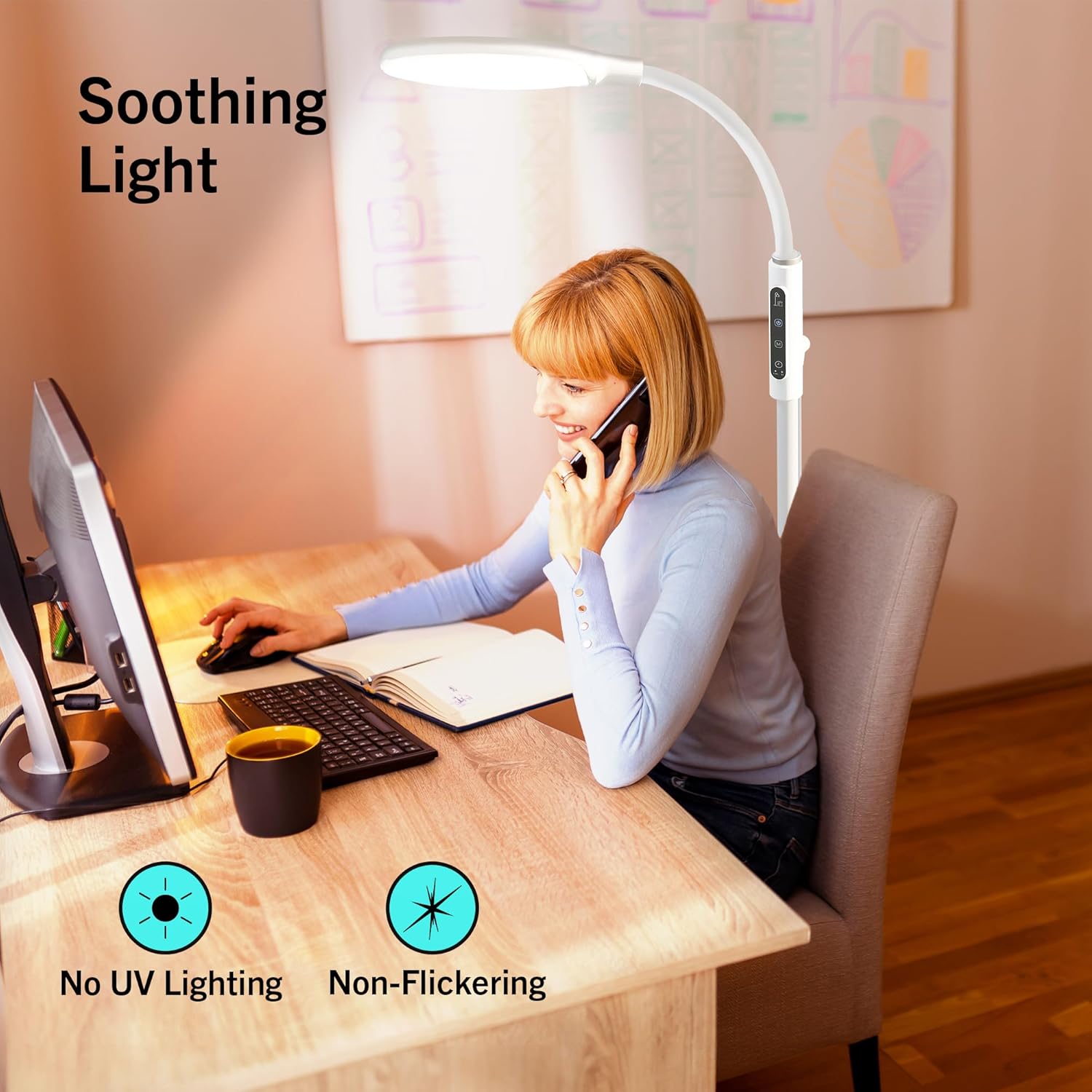 81ZzqGJvutL._AC_SL1500_.jpg PRIMETEK Happy Light 10000 Lux Mood Lamp, Dual Control Remote,Touch Screen Sad Lamp, Adjustable LED Floor Lamp, UV-Free Sun Light, 5 Color Temperatures 10 Brightness Levels Happy Lights (White) - Image 6