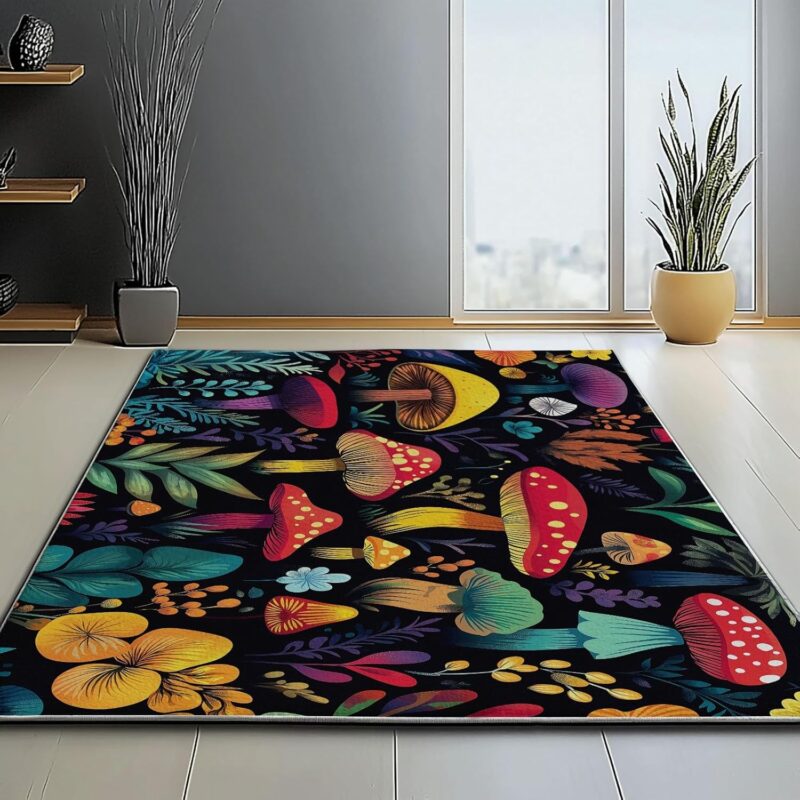 Area Rug Washable 5 X 8 ft, Rug Non Slip Indoor Plants Forest Mushrooms Pattern for Bedroom Living Room Dining Room Office Playroom Nursery, Carpet Black Short Pile