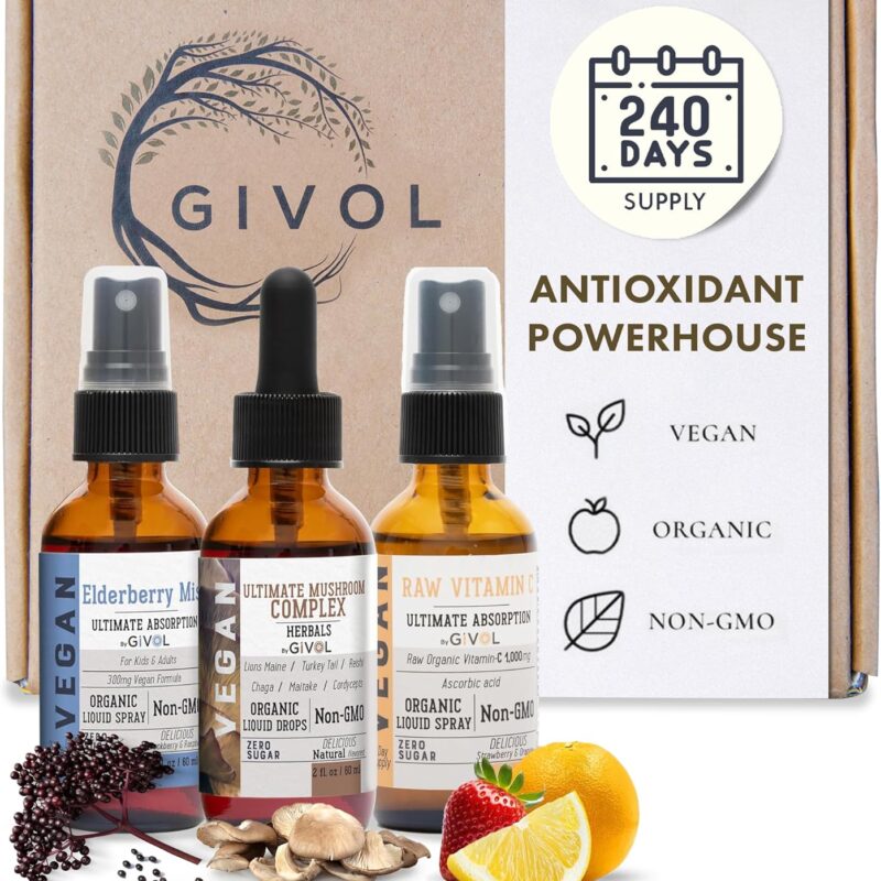 Antioxidant Powerhouse Bundle - Elderberry, Raw Vitamin C, Mushroom Complex - Nutriments, Phytonutrients & Cognitive Well-Being All in One Package - Multivitamins - 2 Fl Oz - 240 Days Supply