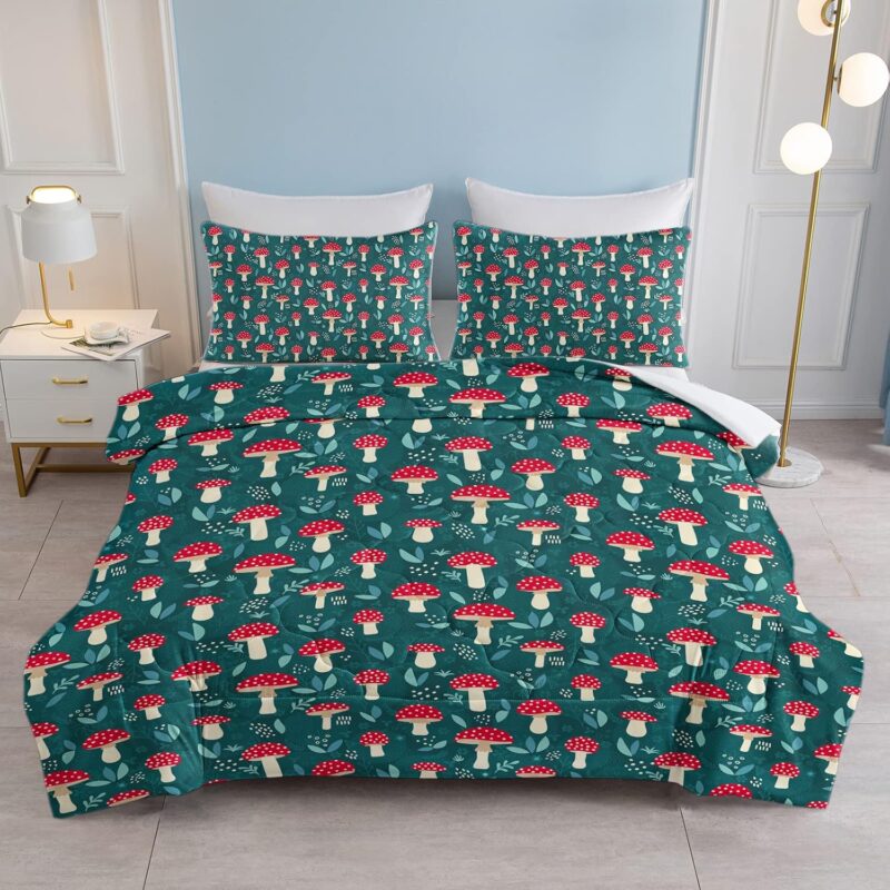 SOULZZZ Red Mushroom Comforter Set Green Plush Soft Bed Set for Women Farmhouse Decorative Bedding Lush Decor (Twin, 1 Comforter 2 Pillow Shames)