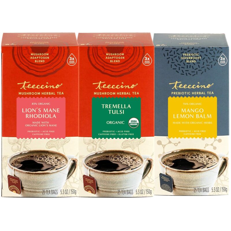 Teeccino Tea Variety Pack - Lion's Mane Rhodiola, Tremella Tulsi, Mango Lemon Balm - Mushroom Adaptogen & Prebiotic Herbal Teas, 25 Tea Bags (Pack of 3)