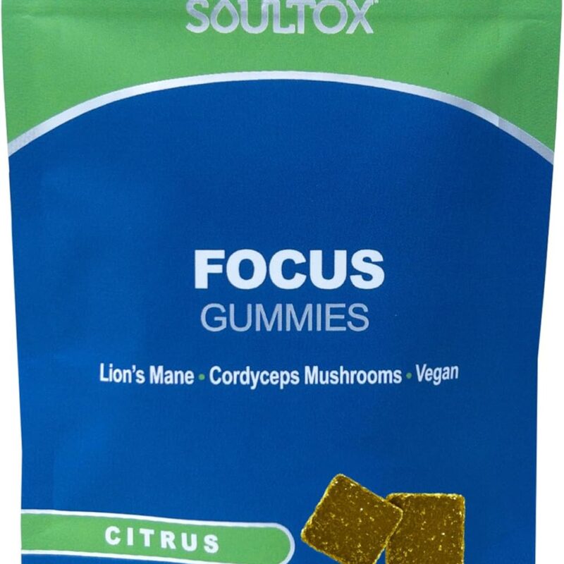 Soultox Focus Lion's Mane Gummies - Citrus Flavor - Vegan Formulation with Organic Lions Mane and Cordyceps - Enhance Memory, Focus and Energy - Citrus Flavor - 10 Pack