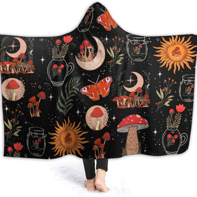 Mushroom Hooded Blanket Mushrooms Gifts for Women Soft Fleece Flannel Mushroom Night Moth Throw Wearable Blanket All Season Plant Blankets for Bed Decorative 80"x60" for Audlt