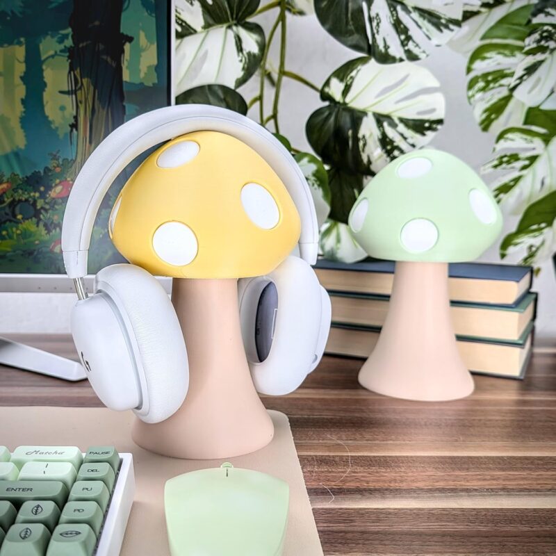 Mushroom Headphone Stand - Cute Headset Holder - Kawaii Desk Accessories - Green Gaming Setup - Cottage Core Gaming Desk (Pastel Yellow)