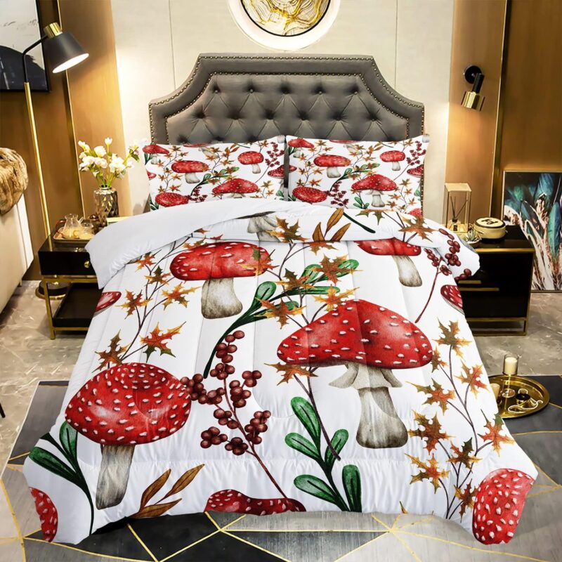 AILONEN Mushroom Comforter Set for Girls Kids, Natural Plants Printing Bedding Set Queen Size,Superior Mushroom Quilted Duvet Ultra Soft,3 Piece 1 Comforter and 2 Pillowcases