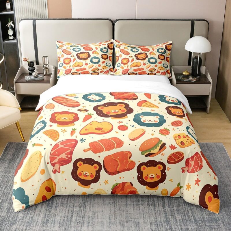 Cute Lion Bedding Set Boys Girls Beef Steak Mutton Chop Duvet Cover Cartoon Hamburger Fruit Comforter Cover Soft Kids Bedroom Quilt Cover 2Pcs Twin 100% Cotton,No Comforter
