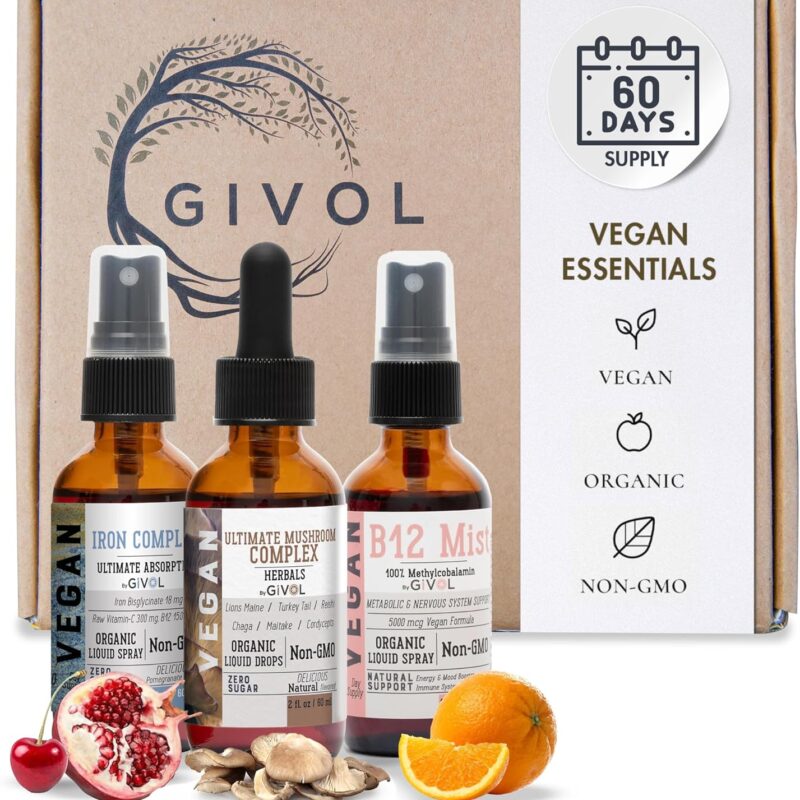 Ultimate Vegan Essential Bundle Liquid Spray- Ultimate Mushroom Complex, Iron Bisglycinate, and Vitamin B12 Methylcobalamin, All Natural, Non-GMO, Gluten Free, Sugar Free 2 Fl Oz 360 Days Supply