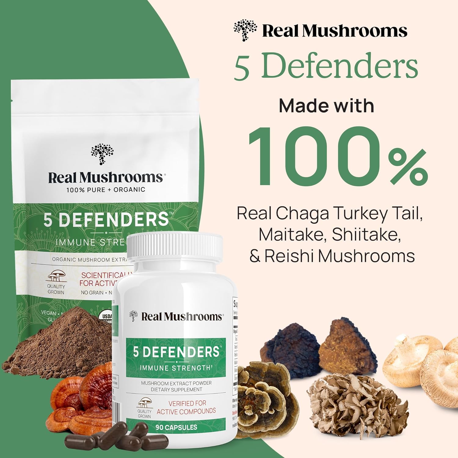 81eCBOtUv3L._AC_SL1500_.jpg Real Mushrooms 5 Defenders for Humans (45g) & Pets (90ct) - Pouch & Capsules Bundle - Chaga, Shiitake, Maitake, Turkey Tail & Reishi Mushroom - for Immune Strength & Overall Wellbeing - Vegan, Non-GMO - Image 2