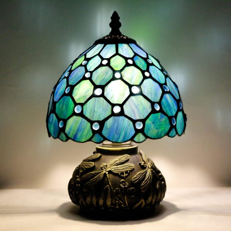 Small Tiffany Table Lamp Stained Glass Mushroom Desk Lamp 8X8X11 Inch Accent Antique Light (Sea Blue Pearl)
