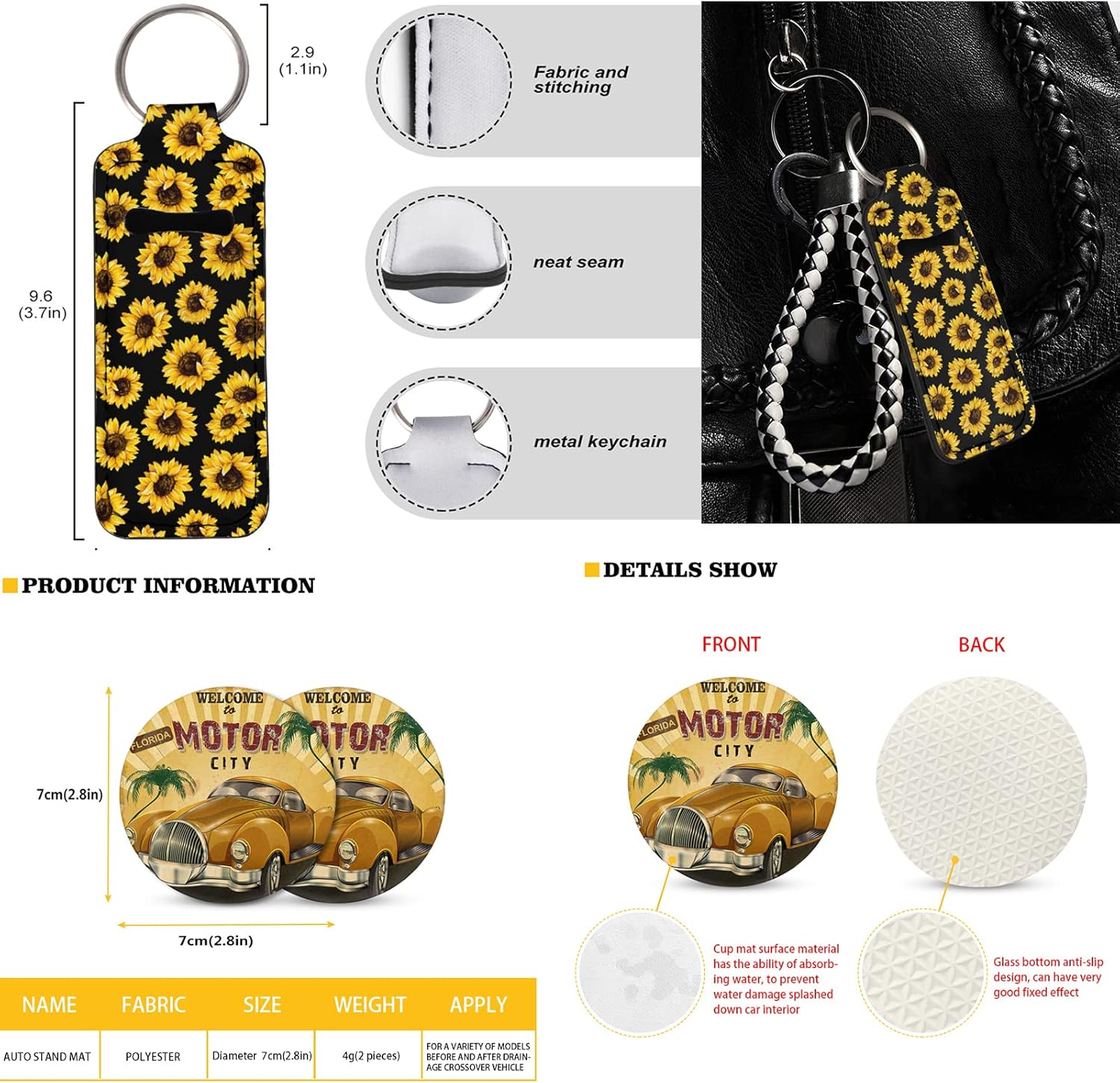 81f1DTYbfnL._AC_SL1500_.jpg Colorful Mushroom Automotive Seat Cover, Cartoon Mushrooms Auto Cup Holders, 12 Pack Car Steering Wheel Accessories, White Spots Black Lipstick Organizer Case Key Ring - Image 7