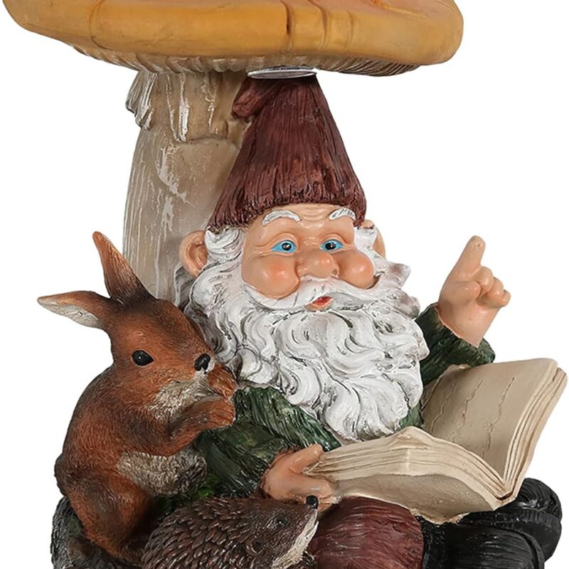 Sunnydaze Bernard The Bookworm 16-Inch H Garden Gnome with Mushroom and Solar Light