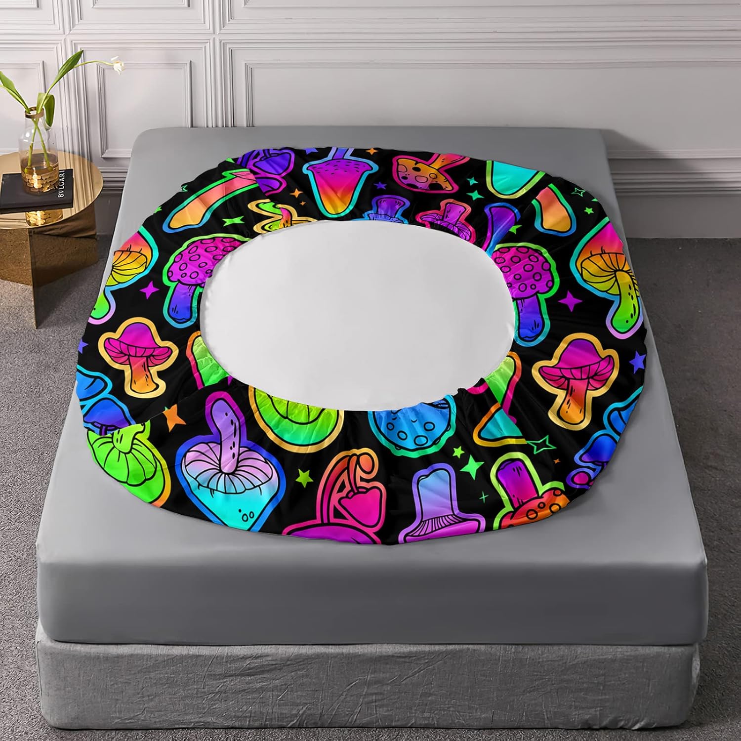 81hodpgyFKL._AC_SL1500_.jpg Axolotl Mushroom Queen Bedding Set, 4 Pcs Colorful Soft Gradient Mushroom Bedding with 1 Fitted Sheet 1 Flat Sheet 2 Pillowcases, Cute Kids Bedding for Boys Girls Teens Adults, Black Neon - Image 8