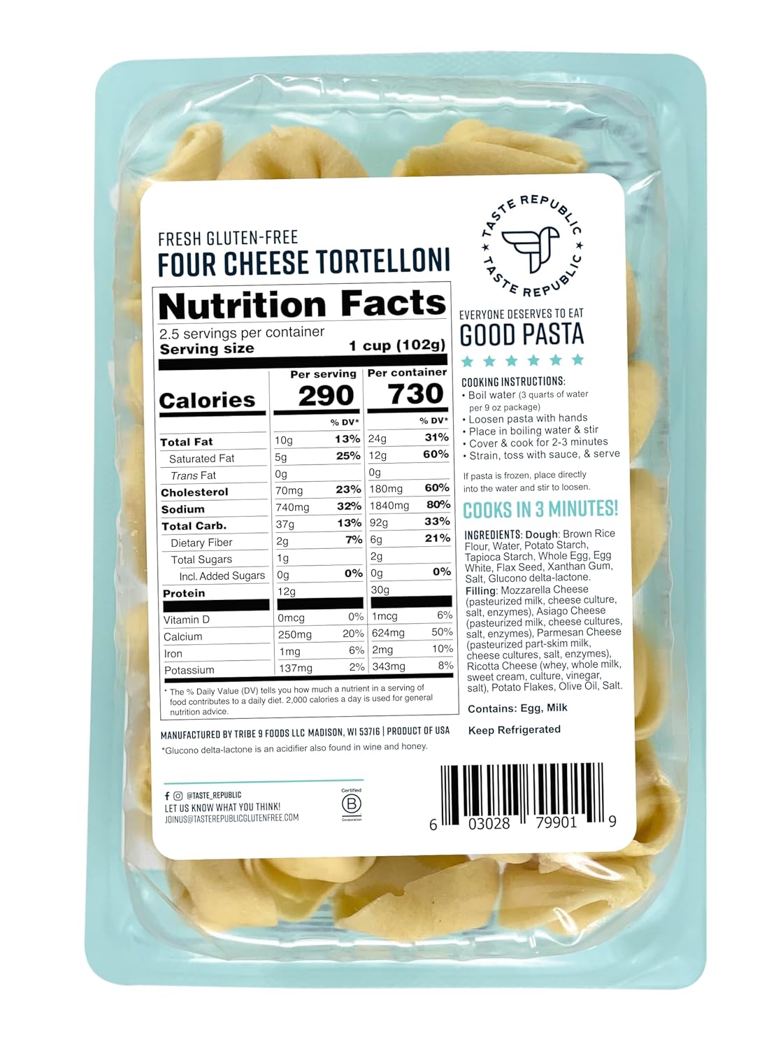 81iOSqIb-ZL._SL1500_.jpg Gluten-Free Tortelloni, Four Cheese Stuffed Fresh Pasta, Cooks in Just 3 Minutes, Taste Republic, Frozen, 9oz (6 Pack) - Image 3