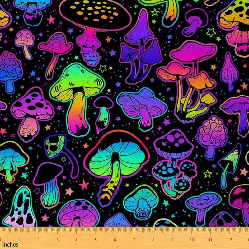 Feelyou Cute Mushroom Decor Fabric by The Yard,Cartoon Mushrooms Upholstery Fabric for Chairs, Kawaii Fungus Fluorescent Style Decorative Waterproof Outdoor Fabric, 10 Yards, Purple Green
