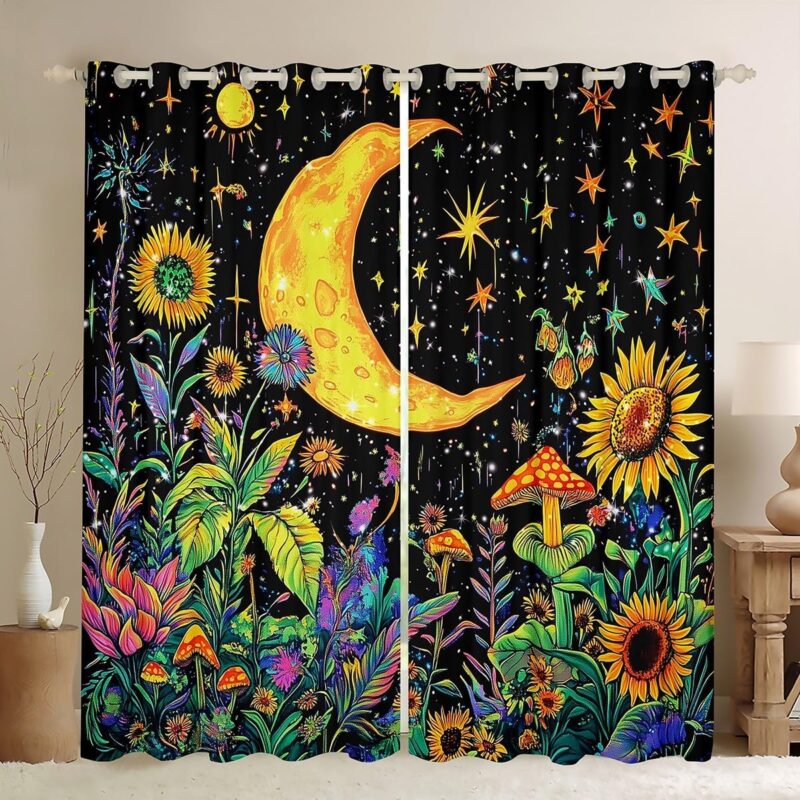 Manfei Boho Moon Window Curtains Yellow Sunflower Mushroom Window Drapes, Bohemian Exotic Window Treatments, Kids Girl Room Decor, Grommet Top 2 Panel Set Bedroom Curtains, 52Wx96L inch