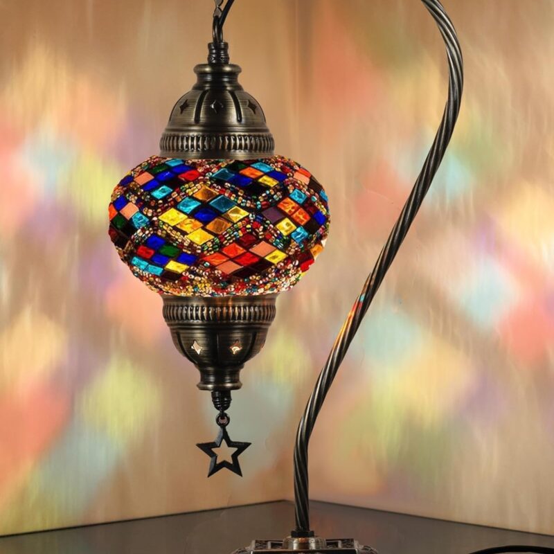 DEMMEX Turkish Table Lamp Moroccan Bedside Light Handmade Tiffany Mosaic Glass Boho Artisan Accent Lighting for Bedroom Living Room, Antique Brass Finish – 15" H, Multicolor