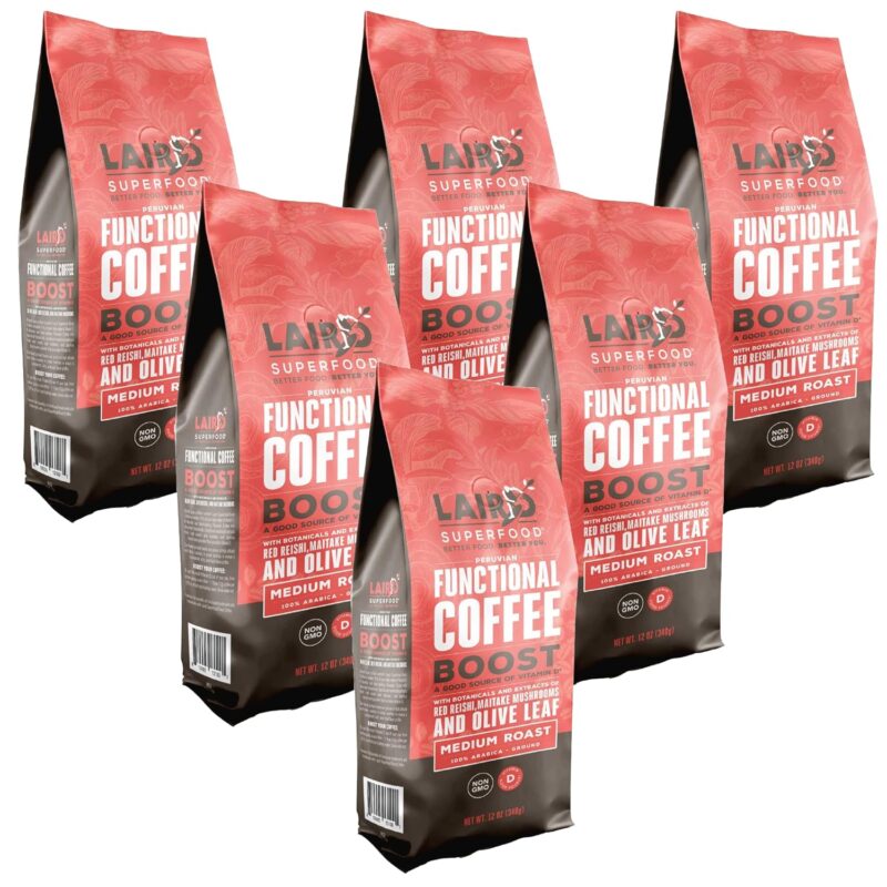 Laird Superfood Boost Coffee, Medium Roast Ground Beans Infused with Functional Mushrooms, Vitamin D and Olive Leaf Powder, 12 oz. Bag, Pack of 6