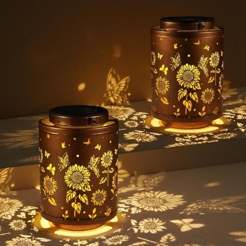 2 Pack Solar Outdoor Lanterns, Garden Decor LED Light Hanging Waterproof Solar Metal Lantern Birthday Gifts for Women Mon Grandma Sunflower Solar Lights Outdoor Decoration(Butterflies)