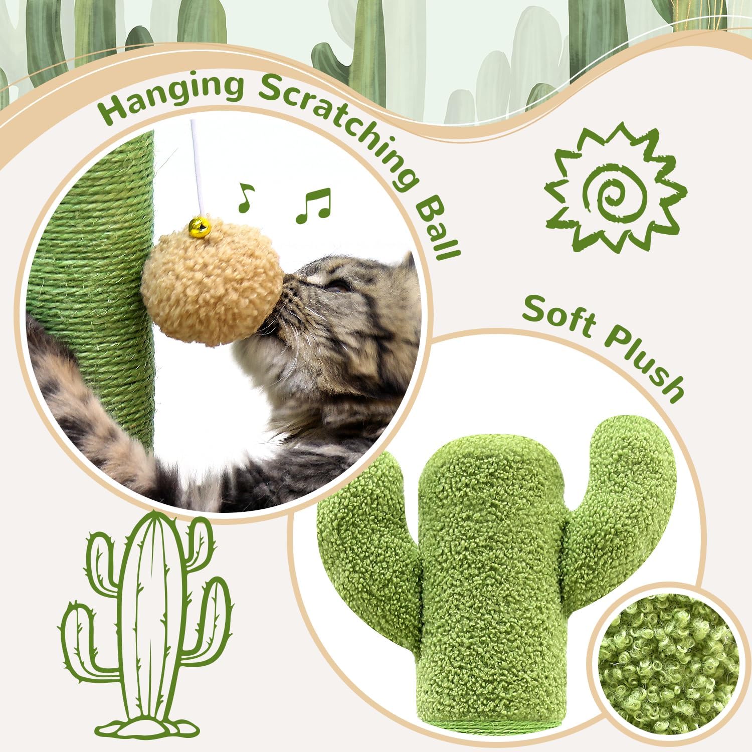 81ierFWPQRL._AC_SL1500_.jpg SC37 Extra Thick Scratching Posts for Indoor Large Cats Adults, 37inch Cactus Cat Scratching Post Cat Scratcher Cute Sisal Scratching Post with Modern Wooden Ball Tracking Interactive Toys - Image 5