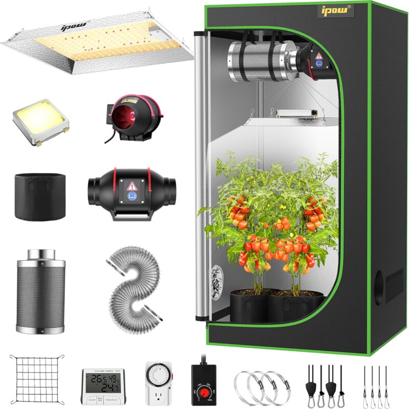 IPOW Grow Tent Kit Complete System 2x2 ft with VS1000 Led Grow Light, 4 Inch 190CFM Inline Fan, Carbon Filter and 8ft Ducting Combo, 24" x 24" x 55"
