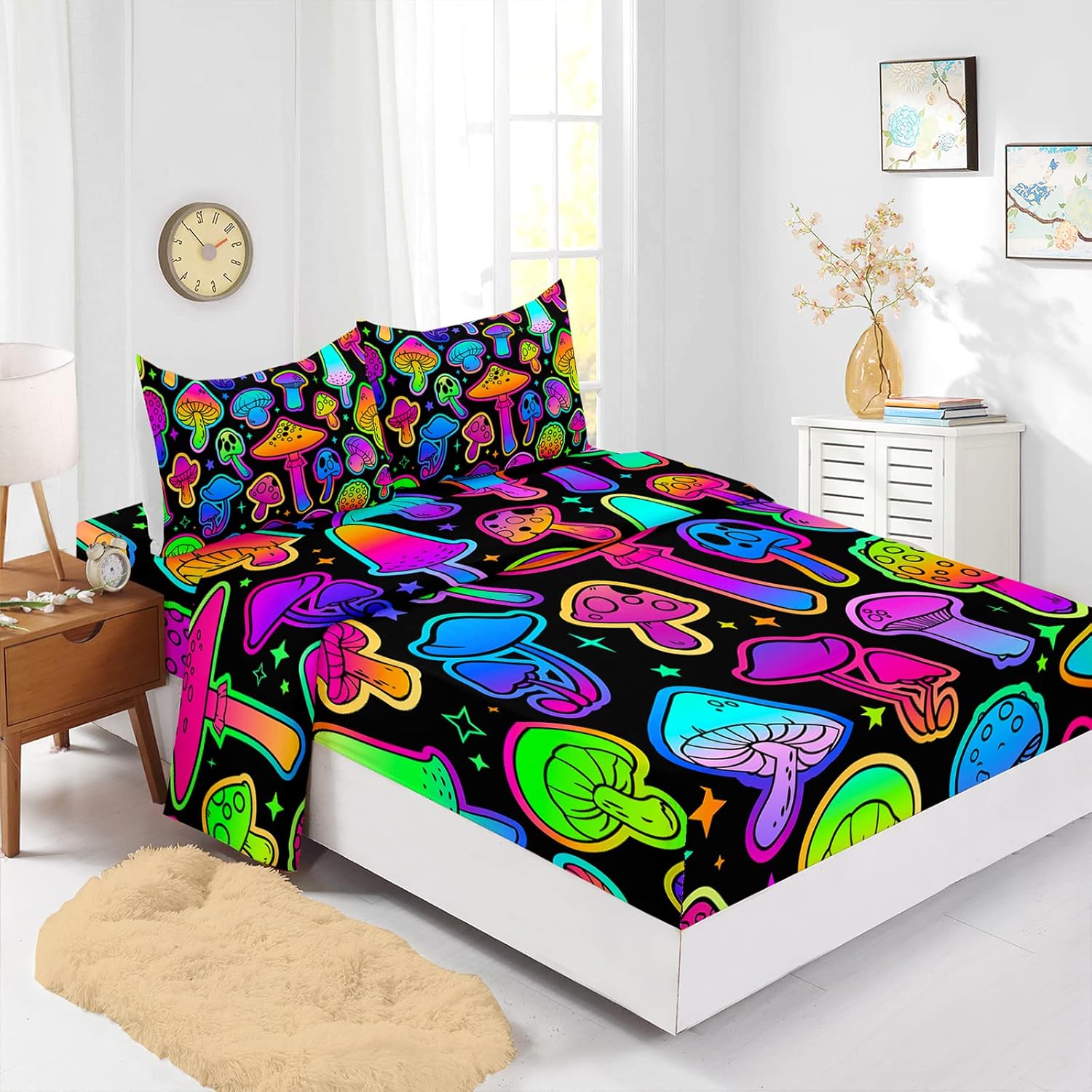81jWLpiOM3L._AC_SL1500_.jpg Axolotl Mushroom Queen Bedding Set, 4 Pcs Colorful Soft Gradient Mushroom Bedding with 1 Fitted Sheet 1 Flat Sheet 2 Pillowcases, Cute Kids Bedding for Boys Girls Teens Adults, Black Neon - Image 3