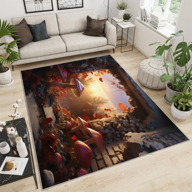 4x5 Indoor Outdoor Rug, Mushroom Ruins Bedside Rug, Fantasy Fairytale Jungle Draw Art Soft Breathable Non-Slip for Boy Kids Room Living Room Office Study Hotel