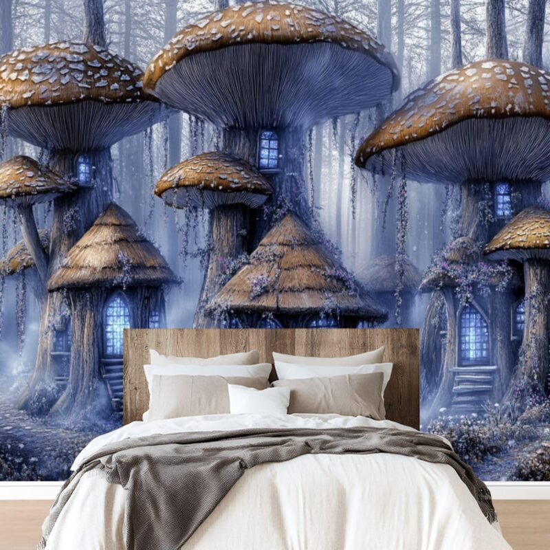 Peel and Stick Wallpaper Wall Murals Bioluminescent Mushroom Village Fantasy Wall Decor Self Adhesive Removable Canvas Wall Stickers for Living Room Kids Bedroom 69''x96''