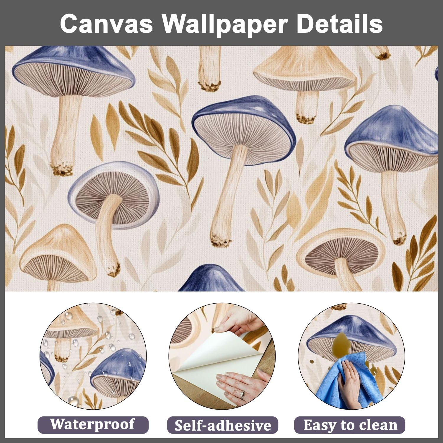 81jz5SzeNkL._AC_SL1500_.jpg Modern Peel and Stick Wall Mural Wallpaper Beige Blue Mushroom Vintage Mushrooms Leaves Caps Brown Stems Self Adhesive Removable Wall Stickers for Living Room Bedroom TV Background 100"x144" - Image 6
