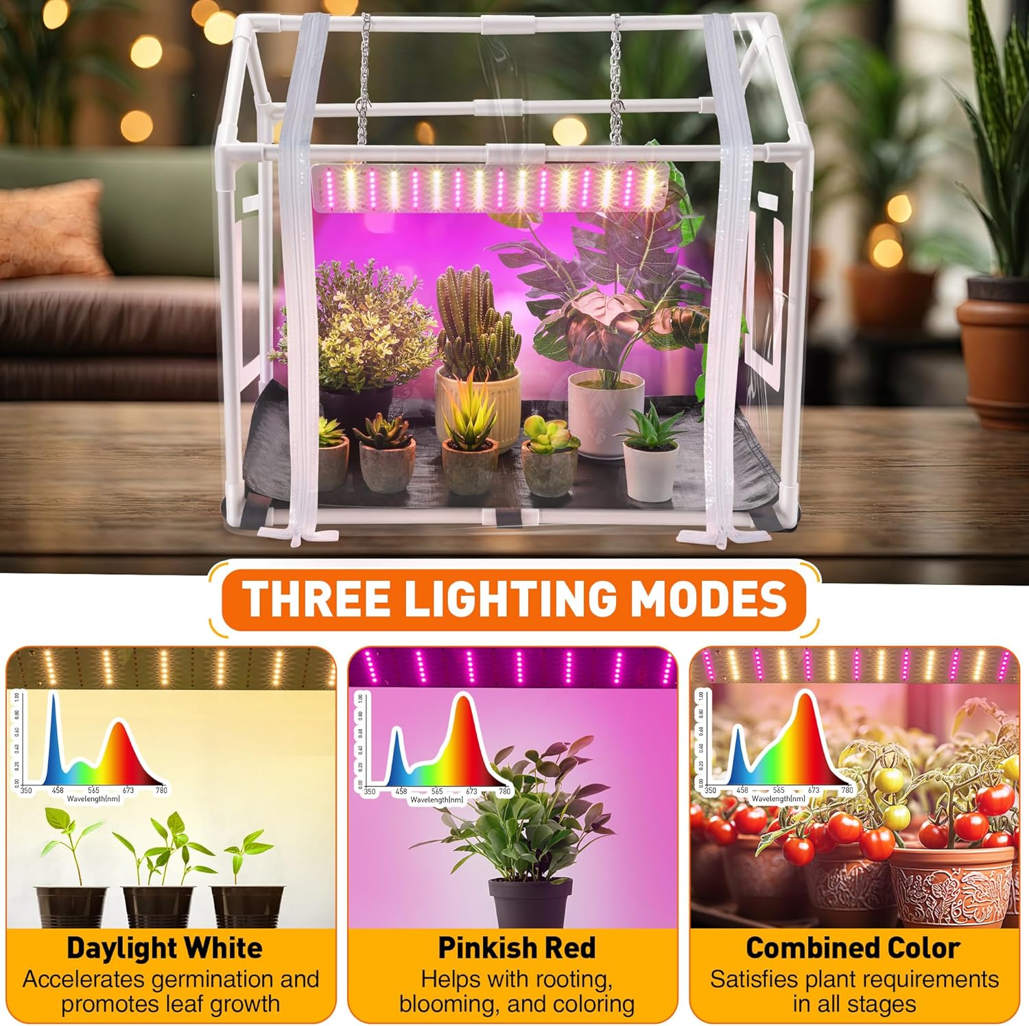 81kBNuDBuFL._AC_SL1500_.jpg Meonum Mini Greenhouse with Grow Light for Indoor, Tabletop Small Greenhouse Kit with Bottom Mat for Waterproof, 15W Plant Dimmable LED Grow Lights and Timer, 3 Light Color Mode for Seed Starter Tray - Image 5