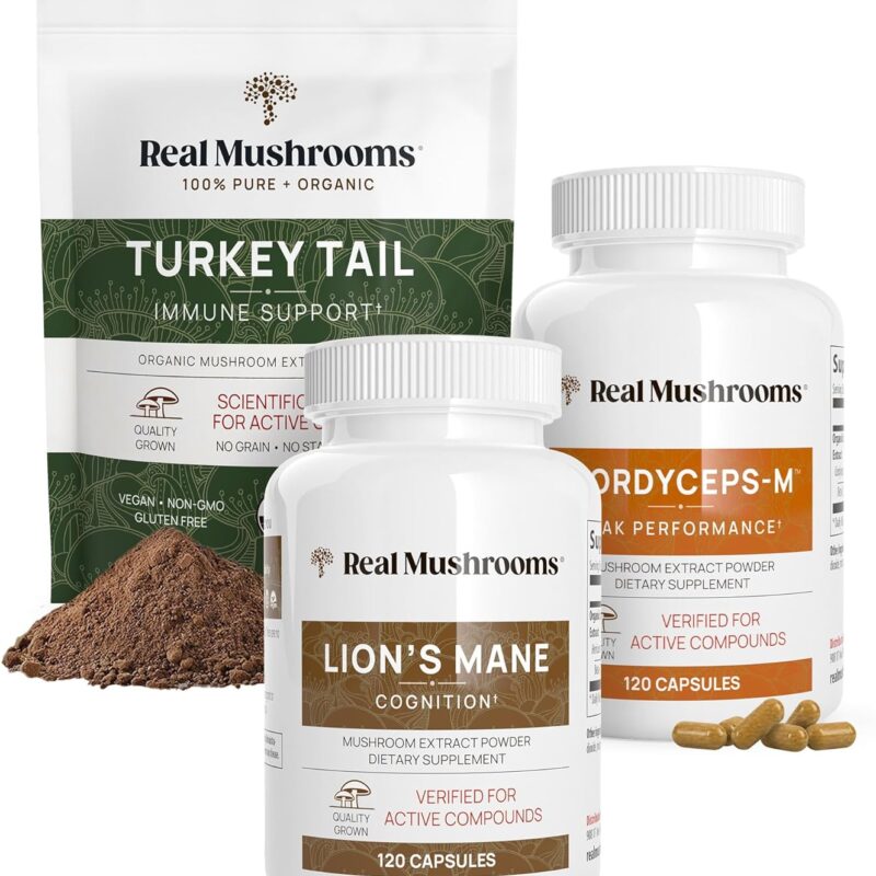 Real Mushrooms Immune Support, Cognition, & Performance Boost Bundle - Turkey Tail Organic Extract Powder (45g) | Lion’s Mane (120 Capsules) | Cordyceps-M (120 Capsules) | Mushroom Supplements