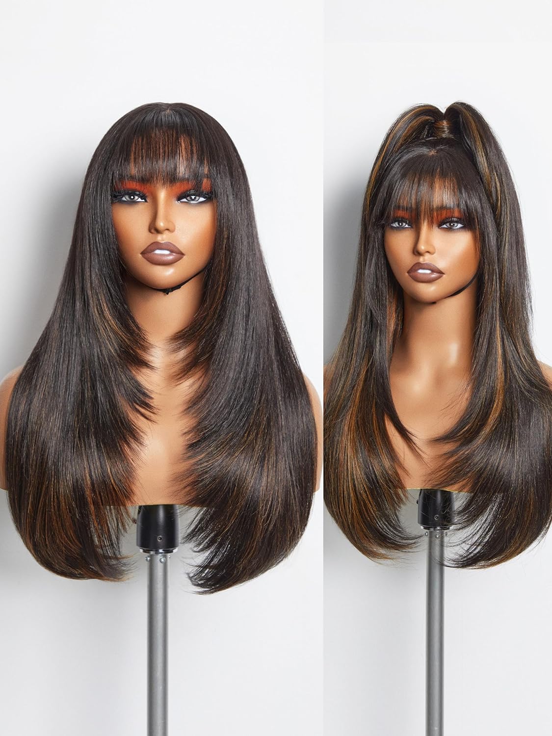 81lamYpzSOL._SL1500_.jpg GORGIUS Highlight Straight Layered Wigs with Bangs Glueless Black Mixed Brown Wig 22 Inch Put On Go Wigs Crafted with Style-Archive Premium Fiber Natural Hairline