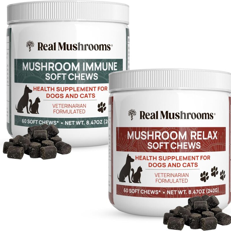 Real Mushrooms Immune Pet Chews (60ct) & Relax Pet Chews (60ct) - Bundle for Immunity, Relaxation & Longevity - Reishi, Lion’s Mane, Ashwagandha, Astragalus & More - Vegan, Non-GMO, Gluten-Free