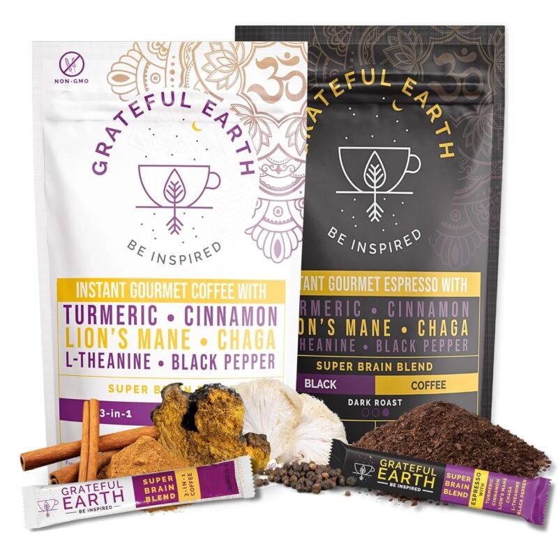 Grateful Earth Mushroom Coffee Bundle, Instant Coffee with Cinnamon, Turmeric, Lion’s Mane Mushrooms, L-Theanine, Chaga, Super Brain Blend For Energy & Immune Support, Dairy & Gluten Free, 2 Bags, 40