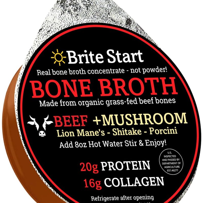 Brite Start Bone Broth - Beef + Mushrooms - Porcini, Shitake, Lion’s Mane - 30 Count - Keto Friendly Concentrate - 16g Collagen 20g Protein -Made from Grass Fed Beef Bones- Single Serve Packets
