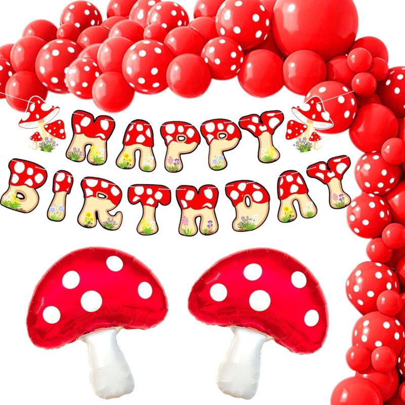 JeVenis mushroom birthday party decoration balloon mushroom garden birthday party banner mushroom fairy wood party supplies favorite