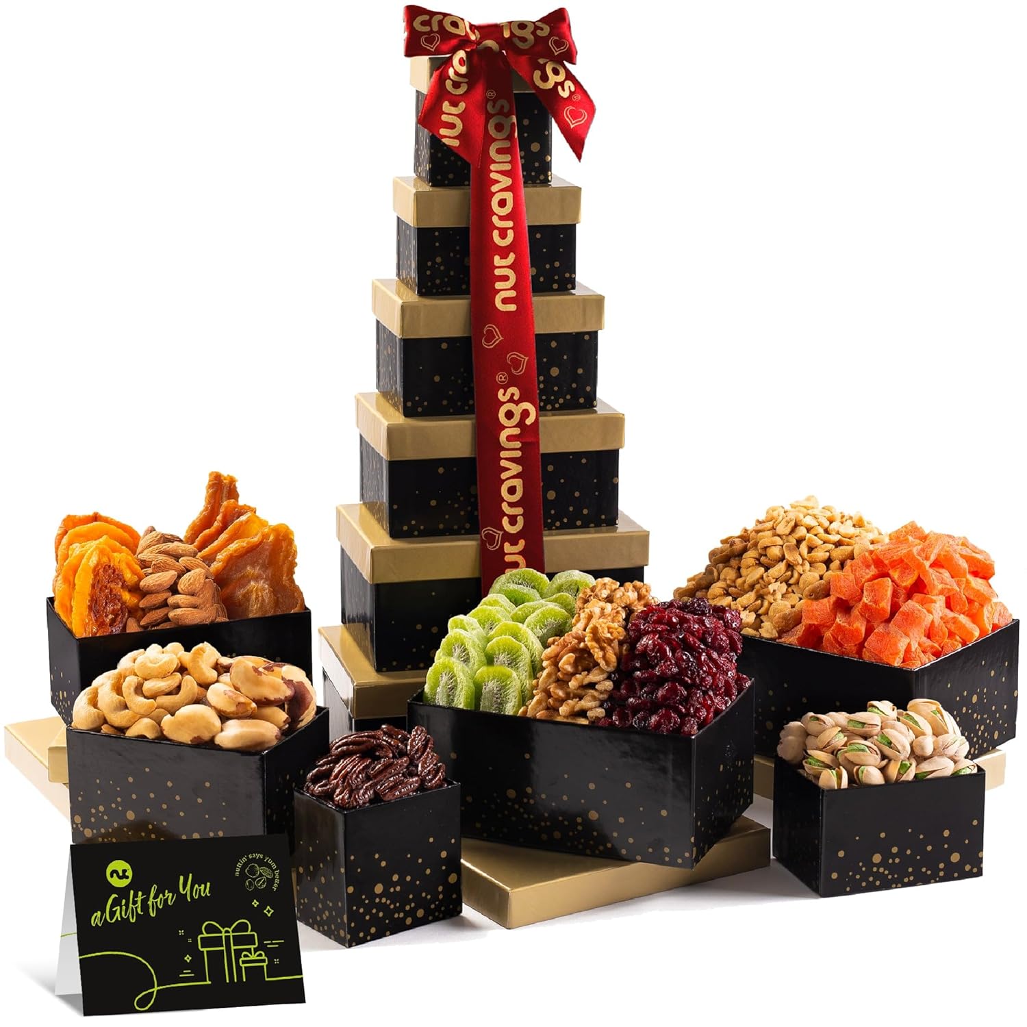 81ofOEbElL._SL1500_.jpg NUT CRAVINGS Gourmet Collection - Easter Treats, Mixed Nuts Gift Basket Black Tower + Heart Ribbon (12 Assortments) Arrangement Platter, Birthday Care Package, Healthy Kosher