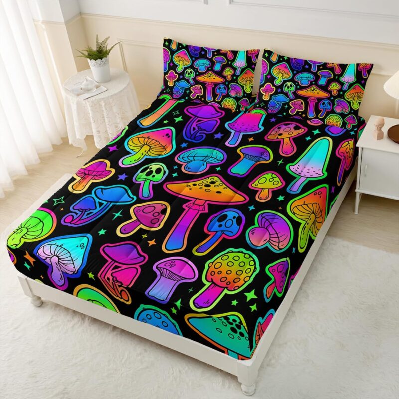 Axolotl Neon Mushroom Bed Mattress Pad Topper Strethes Up to 16" Depth,Gradient Mushroom Quilted Fitted Mattress Cover with Pillowcases,Colorful Stars Mattress Protector for Kids Teens,King Balck